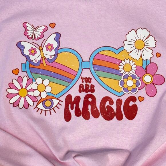 You Are Magic Sunglasses Flower Small Womens Pink T-Shirt with Butterflies - Picture 2 of 5